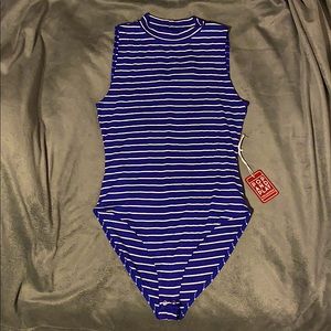 Blue and white striped bodysuit.